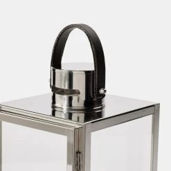 Soren Silver Lantern With Brown Faux Leather Handle